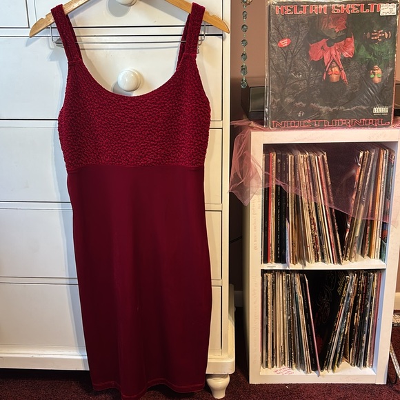 Vintage Dresses & Skirts - Vintage 90s Glitter Mini Dress Velvet Bodycon Burgundy Betsey Johnson Sexy Hot L